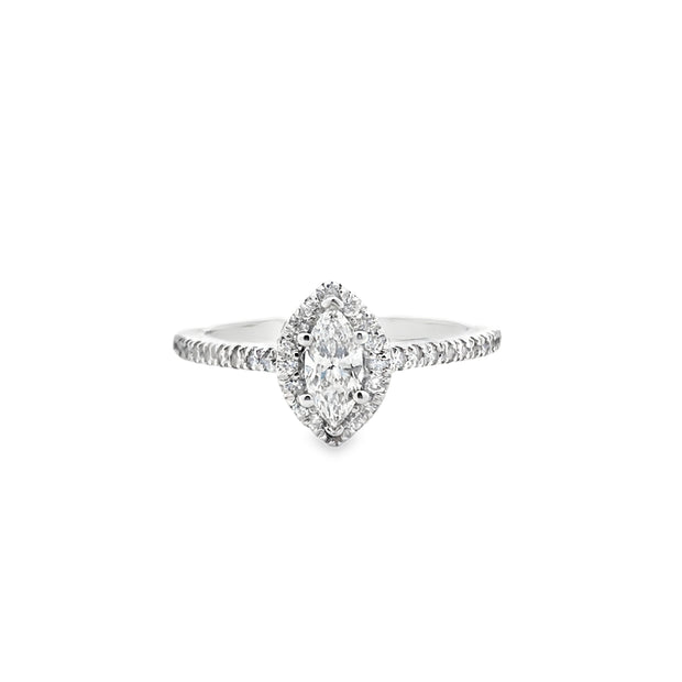 14Kt White Gold Engagement Ring with Marquise Center and a Halo of 16 Round Prong Set Diamonds with 18 Round  Prong Set Diamonds down Shoulder .57ct TDW SI1 GHGoes with WB 110-1391