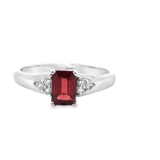 14kt White Gold Ring With 4x6 Emerald Cut Garnet .79ct and 3 Round Dia