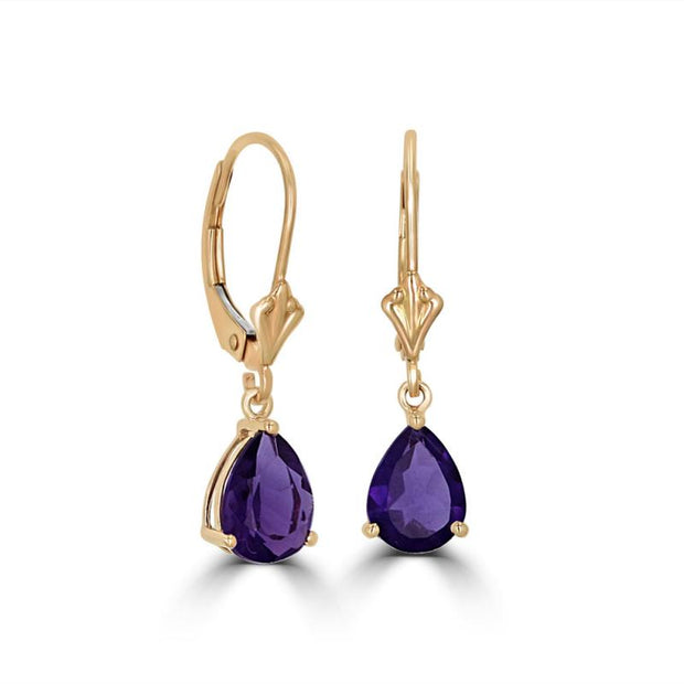 14kt Yellow Gold Lever Back Earrings With 6x8 Pear Shape Amethyst 2.01