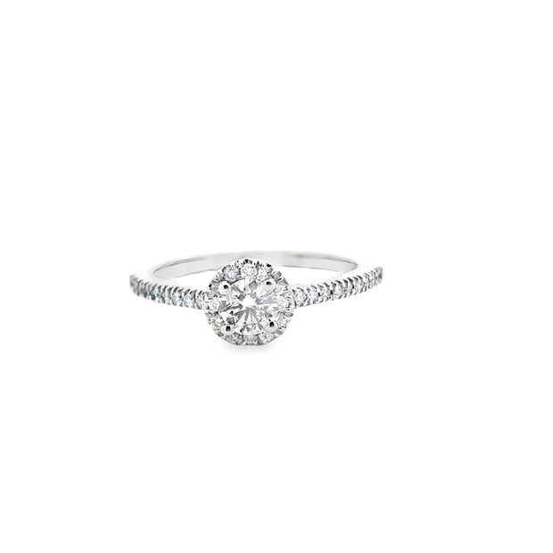 14Kt White Gold Engagement Ring with Round Center and halo of 12 Round Prong Set Diamonds and 18 Round Prong Set Diamonds down the Shoulder .53Ct TDW SI1 GHGoes with WB 110-1393