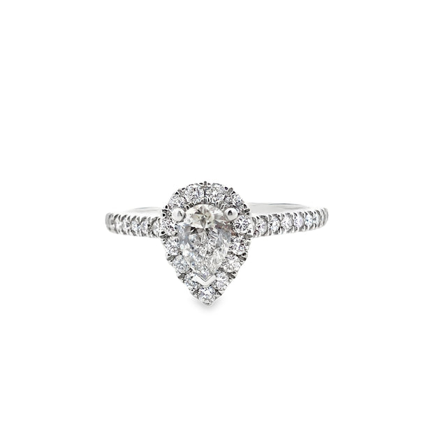 14Kt White Gold Pear Cut Diamond Engagement Ring With 1 Pear Cut Center Diamond .50Ct I1 GH And 13 Round Diamonds Surrounding In A Halo As Well As 18 Round Diamonds On The Sides .40Ct Tdw I1 GH Size 7