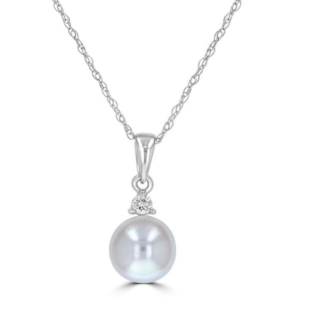 14k White Gold 7mm Freshwater Pearl Pendant With One Round Diamond At