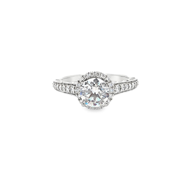 14K White Gold Engagement Ring With 14 Diamonds Going Down The Side Of The Ring And 18 Round Diamonds On The Halo .30Ct Tdw I1 HI CZ Center Goes With Band 110-1217