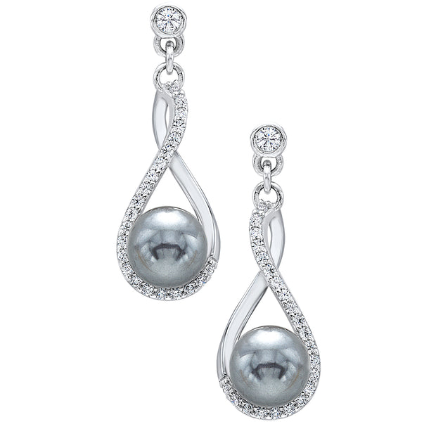 Sterling Silver Drop Stud Earrings With 2 Round Shell Pearls And 46 CZs