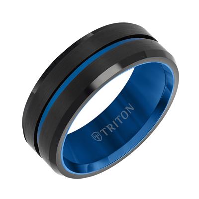 8mm Tungsten Brush Finish Step Edge Contemporary Wedding Band With Blu