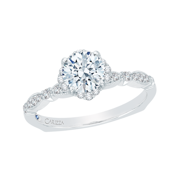 14K White Gold Round Diamond Engagement Ring Mounting With 28 Diamonds