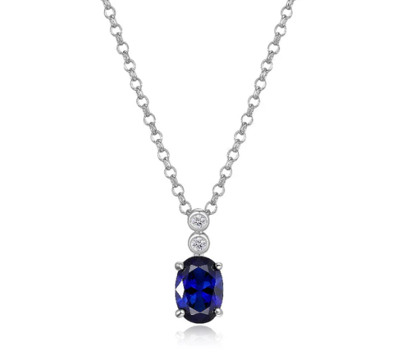 Sterling Silver Necklace with Lab Created Sapphire (Oval Shape 7X5mm)