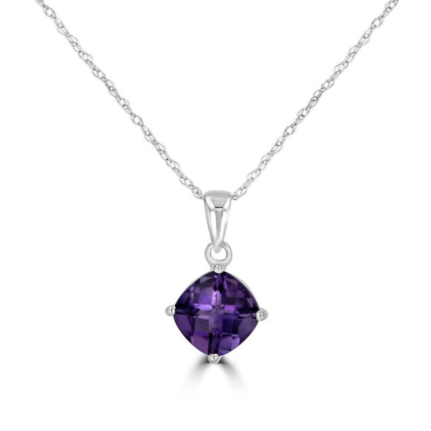 14kt White Gold Cushion Cut Amethyst Pendant With 18inch Chain