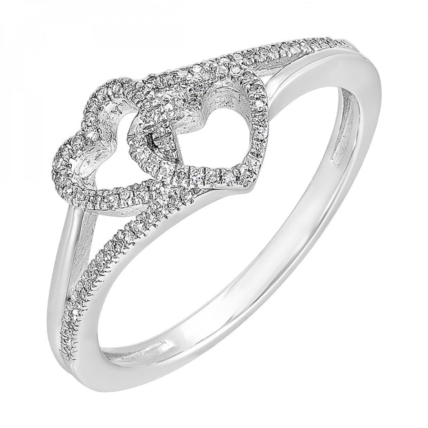 Sterling Silver Double Heart Ring With 80 Round Diamonds .10tdw H/I I1