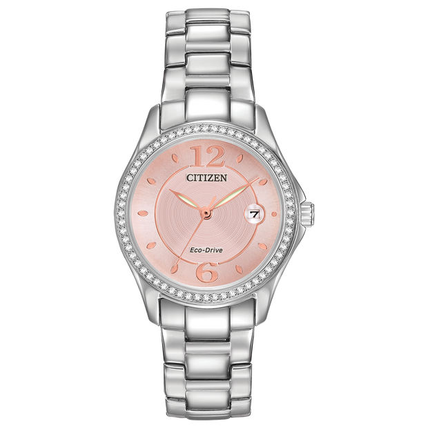 Stainless Steel Lady's Eco-Drive Watch With Blush Colored Face And Dep