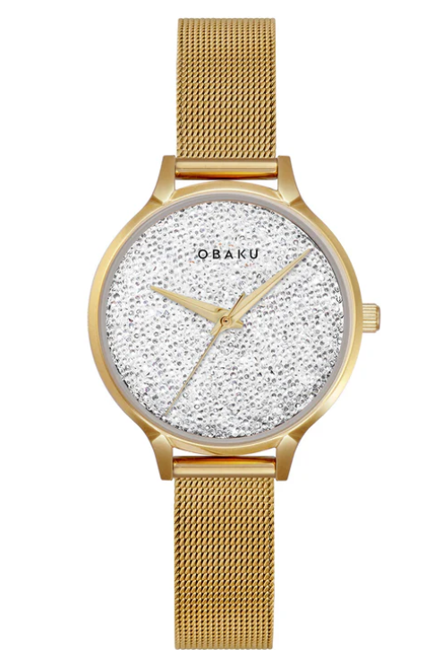 Stainless Steel Gold Plated Watch With Silver Crystal Dust Dial, Mesh