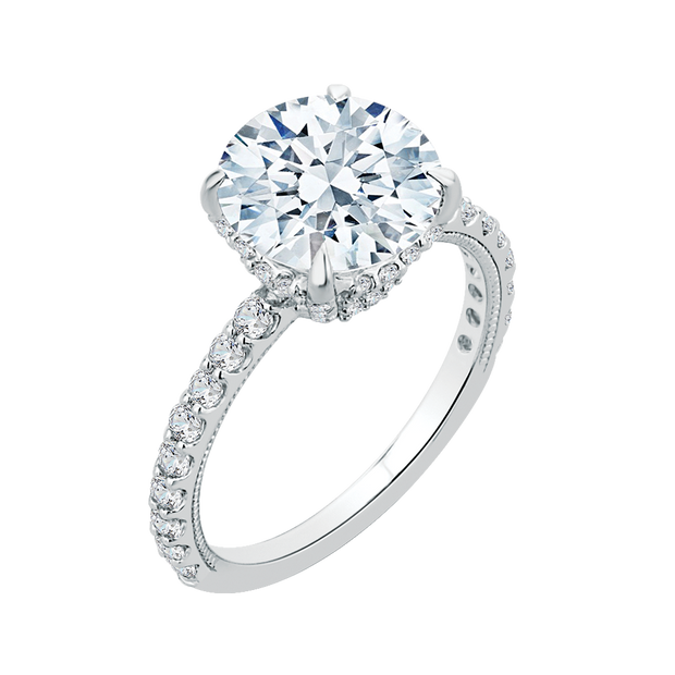 14K White Gold Round Diamond Engagement Ring Mounting With 49 Diamonds