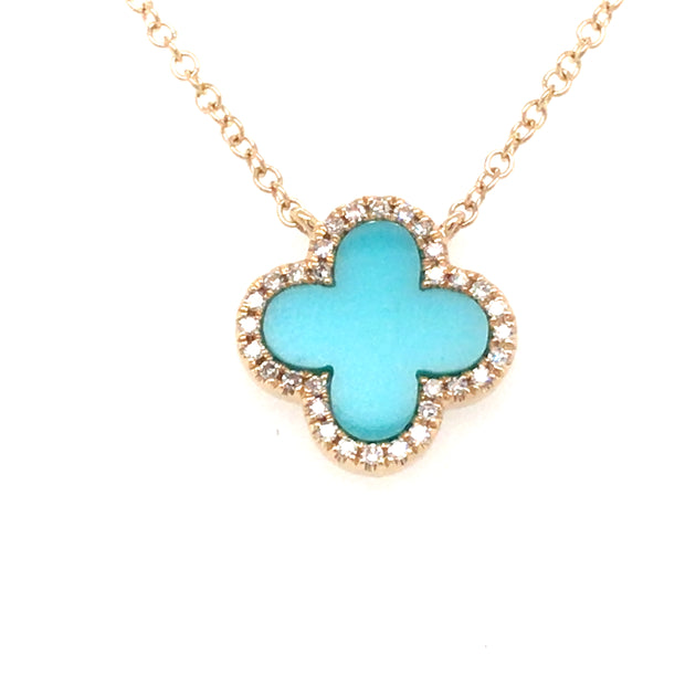 14kt Yellow Gold Nekclace With Clover Shaped Turquoise .50ct and 32 Ro