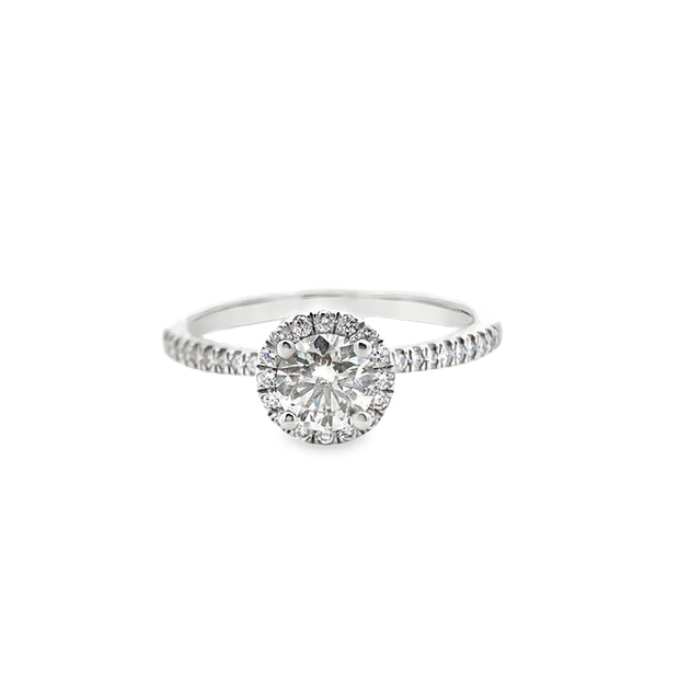 14Kt White Gold Diamond Engagement Ring With 1 Round Center Diamond .50Ct I1 I, Surrounded By 16 Diamonds And 20 Round Diamonds On The Sides .25Ct Tdw I1 HI Size 7 Goes With Wb 110-1346