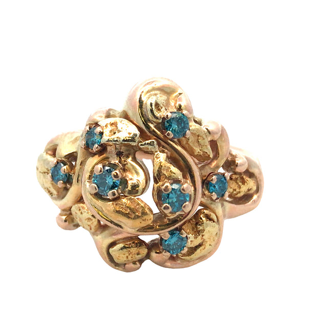 Vintage 14Kt Yellow Gold Ring Prong Set With Seven Irradiated Blue Rou