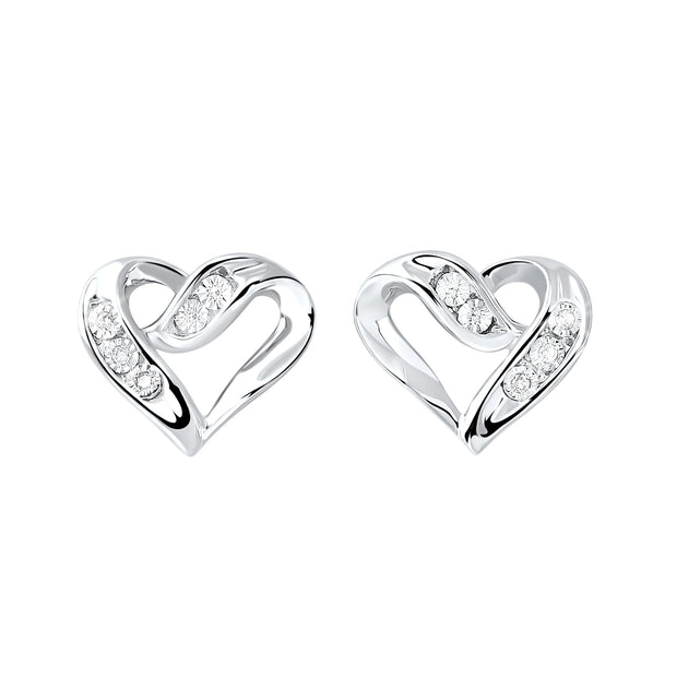 Sterling Silver Heart Shaped Post Earrings with 6 Round Diamonds Totaling .02tdw HI I1