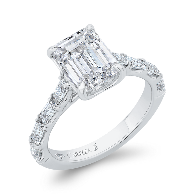 14K Emerald Cut Diamond Solitaire Engagement Ring Mounting With 8 Bagu