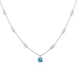 .925 Silver Necklace With A Cushion Swiss Blue Topaz And Six Fresh Wat