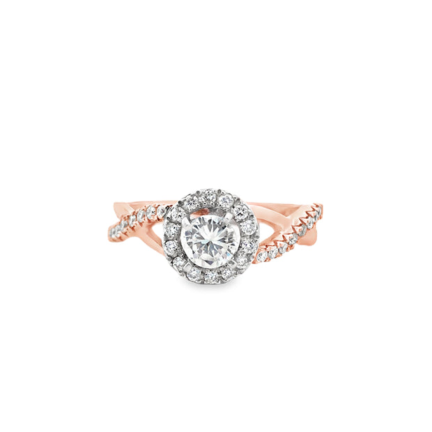 14K Rose Gold And White Gold Engagement Ring With 16 Round Diamonds On The Band And 15 Round Diamonds On The Halo .33Ct Tdw I1 HI, Size 7, CZ Center Goes With Band 110-1179