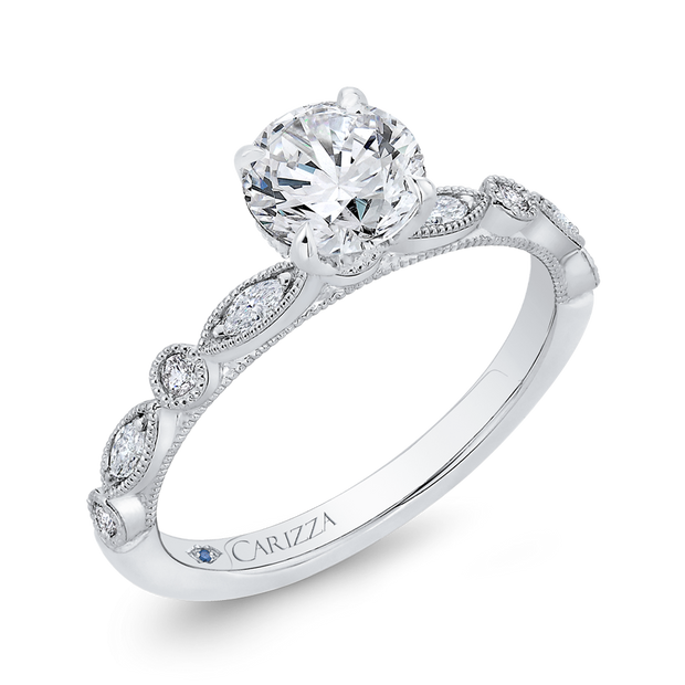 14K White Gold Round Diamond Engagement Ring Mounting With 17 Diamonds