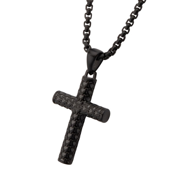 Black Plated Matte Finish Stainless Steel Scale Cross Drop Pendant Wit