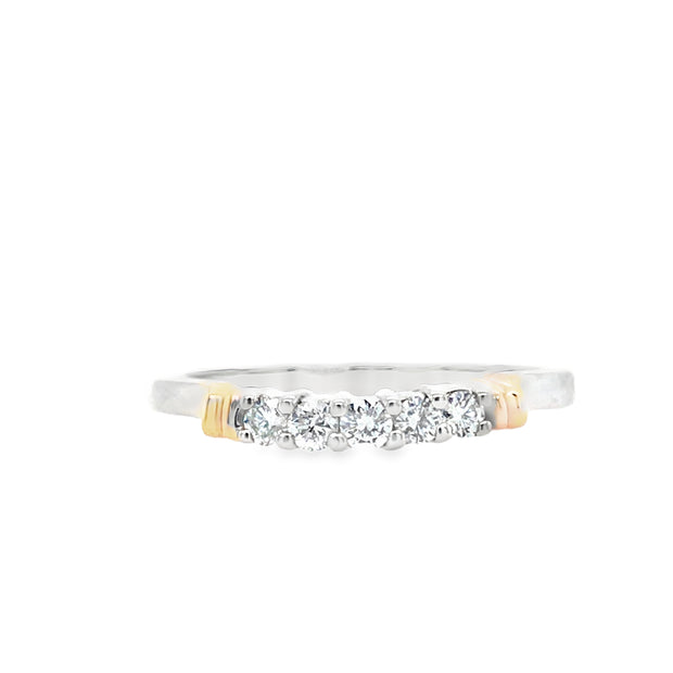 14Kt Two-Tone Wedding Band With 5-Round Brilliant Cut Diamonds With A Total Weight Of .20Ct. Diamonds Are Of I1 Quality With HI Color. That Goes With Engagment Ring 2937-12