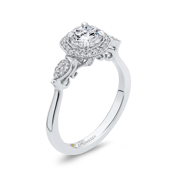 14K White Gold Round Diamond Floral Halo Engagement Ring With 36 Diamo