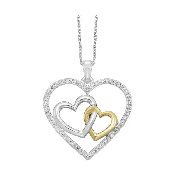 Sterling Silver Double Heart Pendant  With 13 Round Diamonds .06Tdw H/