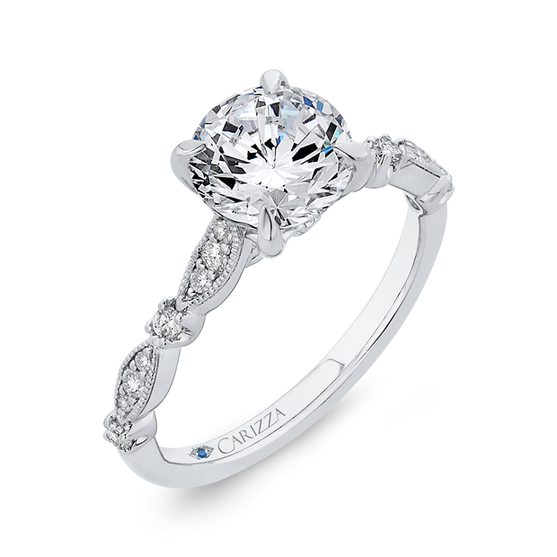 14K White Gold Round Diamond Engagement Ring Mounting With 17 Diamonds