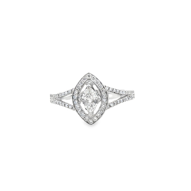 14Kt White Gold Diamond Engagement Ring With Marquise Shaped Halo, 70 Round Diamonds With .30Ct Tdw Si1Si2 G. Center Marquise=.25Ctw G Si1