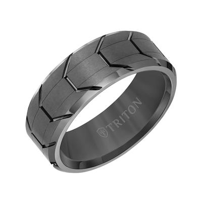 8MM Tungsten Carbide Ring - Gunmetal Tire Thread Center and Bevel Edge