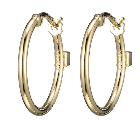 Sterling Silver 20mm Hoop Earrings, Round Wire, 18K Yellow Gold Plated