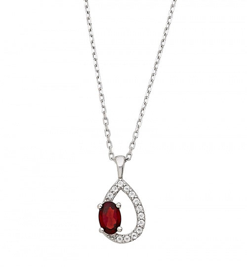 .925 Silver Teardrop Pendant With White Topaz And Oval Shaped Garnet