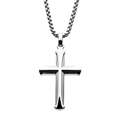 Men's Stainless Steel Apostle Cross Pendant with Steel Bold Box Chain. 24 inch long.