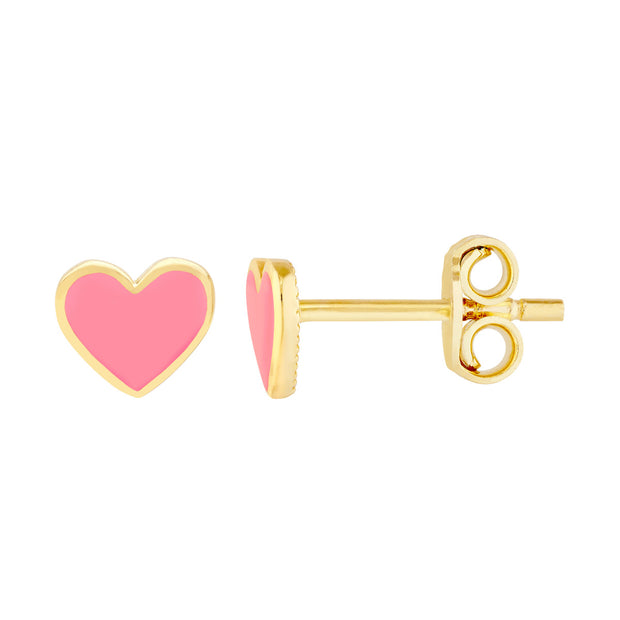 14kt Yellow Gold Heart Stud Earrings With Pink Enamel