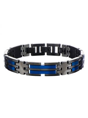 Men's Stainless Steel Matte Finished Black and Blue Plated Link Bracel