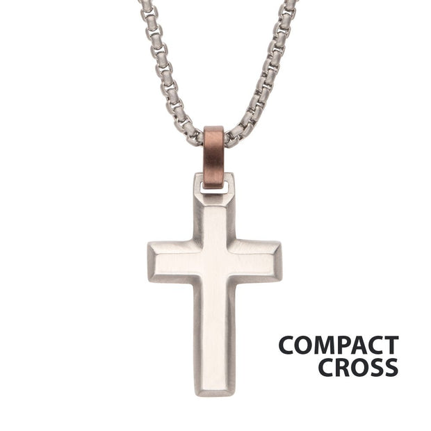 Men's Matte Finish Steel Beveled Cross Pendant with Brown Bail and Bol