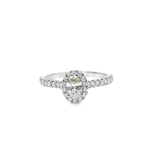 14Kt White Gold Diamond Engagement Ring With 1 Oval Diamond .40Ct I1 IJ Surrounded By A Halo Of 14 Round Diamonds As Well As 18 Diamond On The Sides .35Ct Tdw I1 HI Size 7-Goes With Wb 110-1345