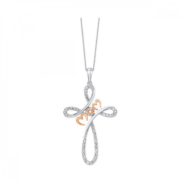 Sterling Silver 44 Round Diamond Cross With Rose Gold Mom .33tdw I I2