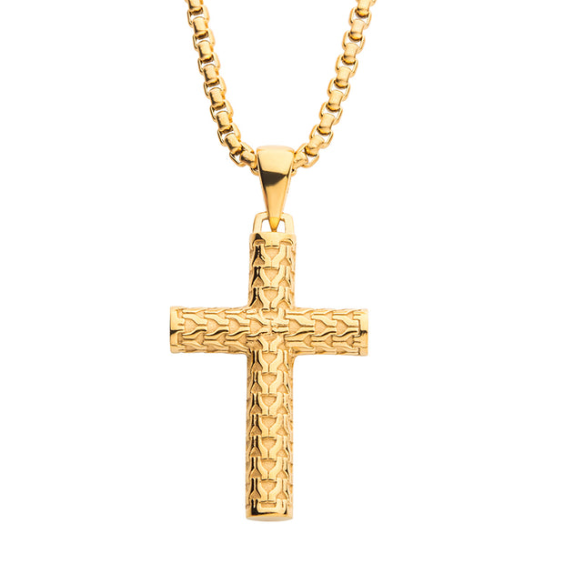 Men's Polished 18K Gold IP Scale Cross Drop Pendant with Bold Box Chain. 22 inch long.