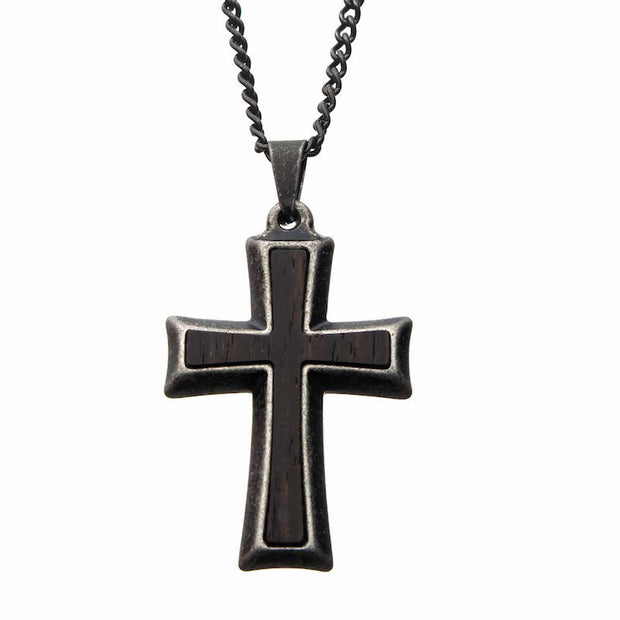 Men's Stainless Steel with Antiqued Finish Cross Pendant with Curb Chain. 24 inch long