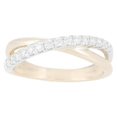 14KT TWO-TONE YELLOW AND WHITE GOLD BYPASS RING WITH 15 ROUND VS2 G/H