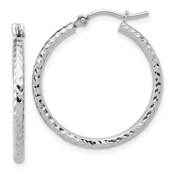 10kt White Gold Diamond-Cut Round Hoop Earrings 2x25mm