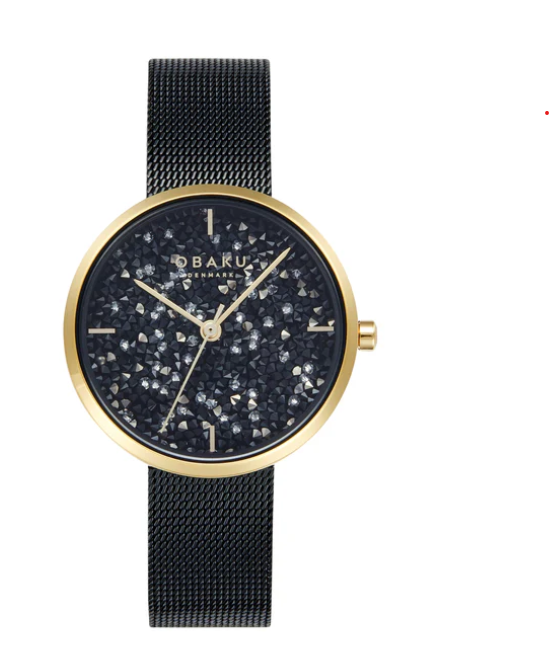 Stainless Steel Watch With Black Glitter Dial, Gold Case, Mineral Crys