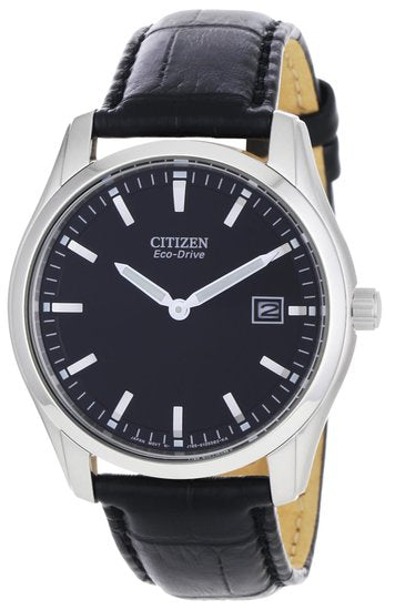 Citizen Eco-Drive Watch With Round, Black Face And Black Leather Strap