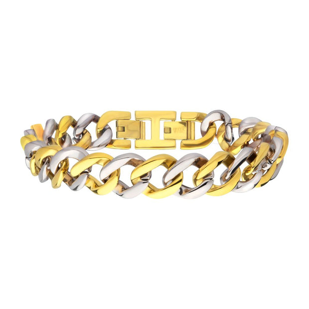 18Kt Gold Plated/ Stainless Steel 12.5mm Curb Chain Two-tone Bracelet