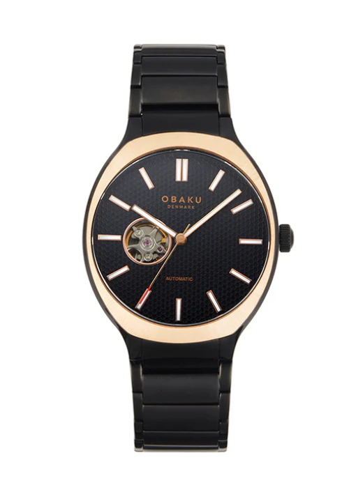 Men's Obaku Styrke Ink With Black/Rose Gold Case, Sapphire Chrystal, B