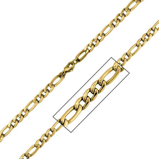 Men's Stainless Steel 18K Gold Plated Figaro Polished Chain 6mm with L