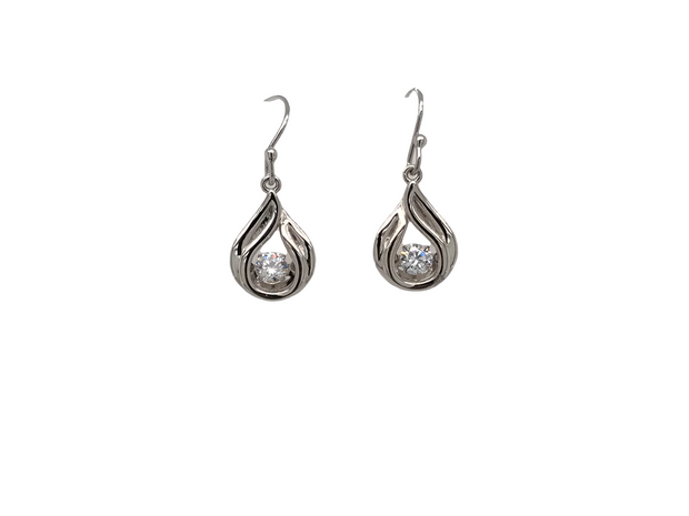 Sterling Silver Drop Shepherd Hook Earrings With Dancing CZ Stone