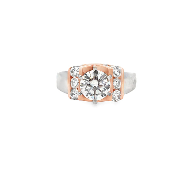 14Kt Two Tone "Saddle" Semi Mount Ring With 16 Round Diamonds Around Center .99Ct Tdw GH Si1 Size 5.25